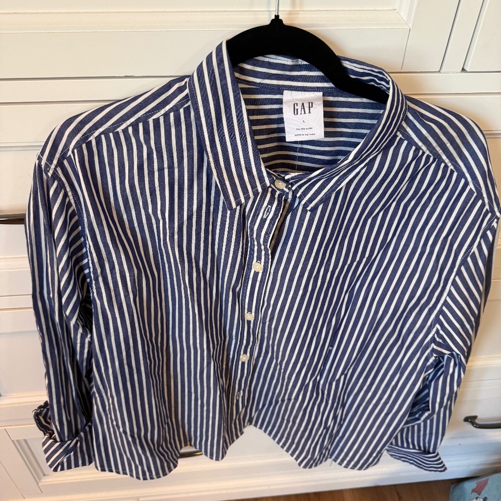Gap blue and white striped collared oxford shirt cropped nautical NWT large